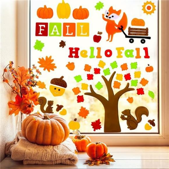6sheet Fall Gel Window Clings, Maple Leaf Harvest Pumpkin Fox Thanksgiving Gel - Picture 5 of 7